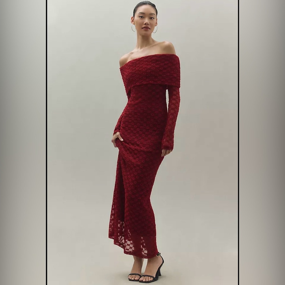 Anthropologie Red Lace Long Sleeve Dress